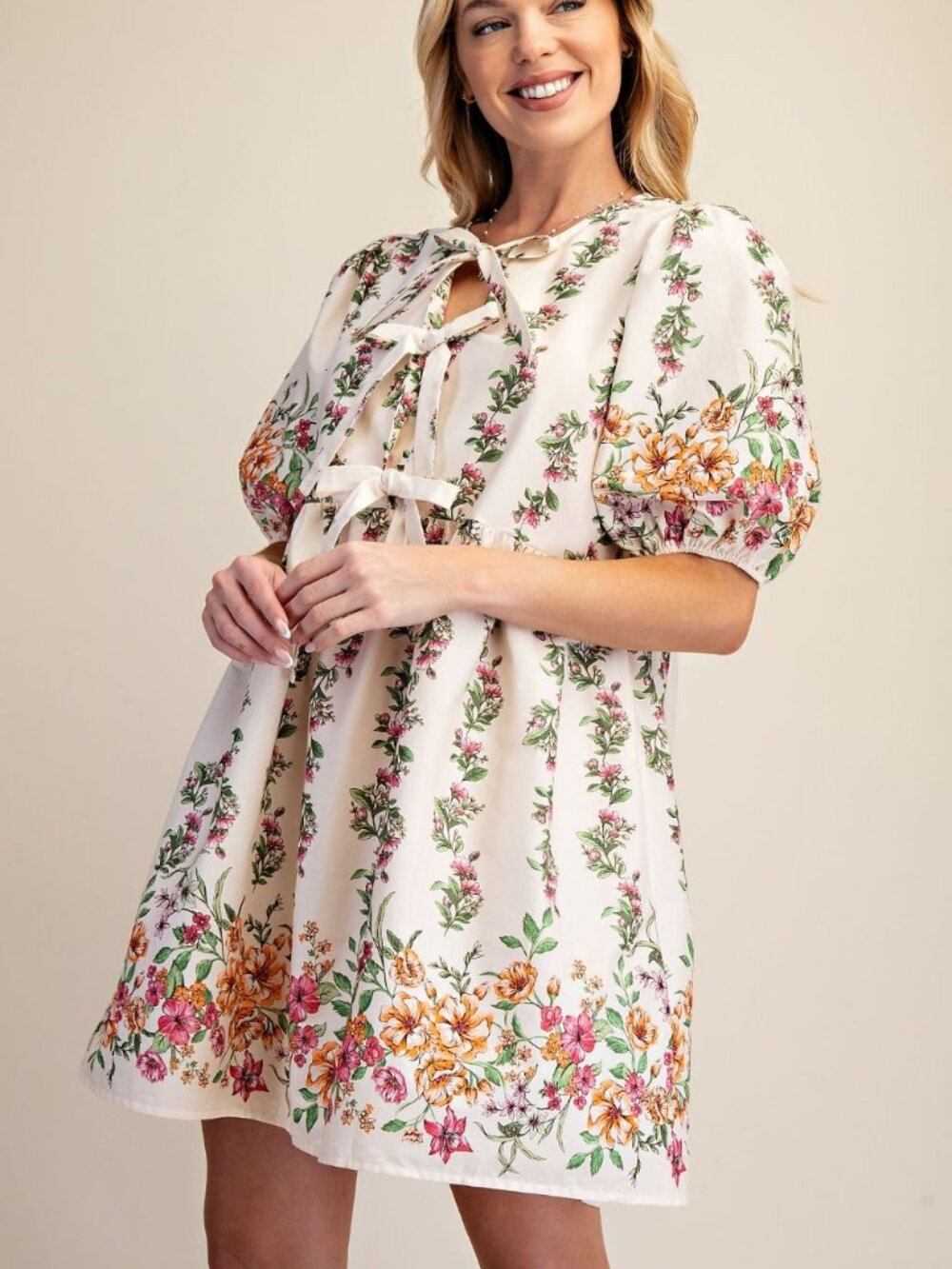 EASEL COTTON FLORAL BOW TIE DRESS